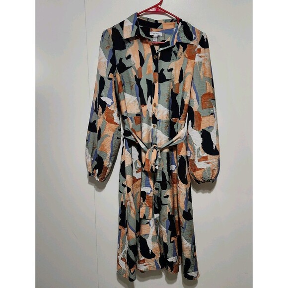 Nine West Patchwork Midi Dress Small Belted Long Sleeve Button Down Collared - Picture 2 of 13
